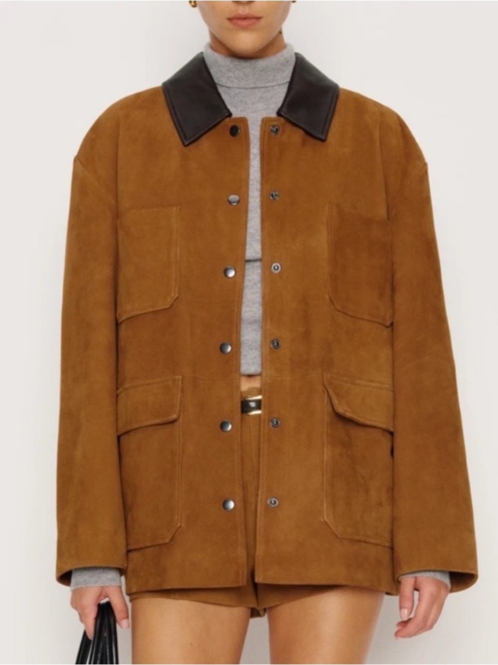 Reformation Tan Suede Jacket with Black Collar